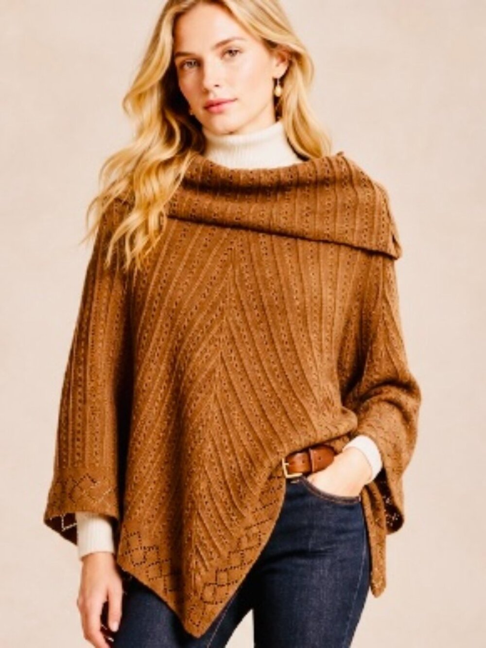 Enzo Angiolini cowl neck poncho/cape cognac OS boho equestrian fall